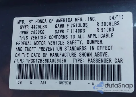 2013 Honda Accord Ex-L V-6 z USA, uszkodzony, nr VIN 1HGCT2B89DA009056